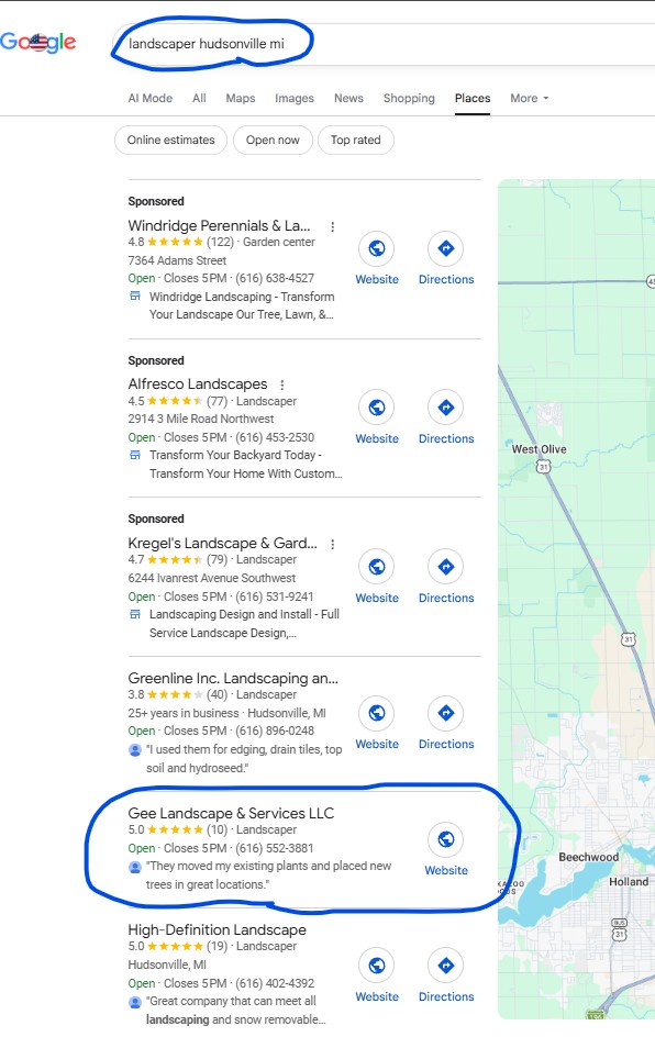 Google search result for Landscaper Hudsonville MI showing Gee Landscape & Services at position #2