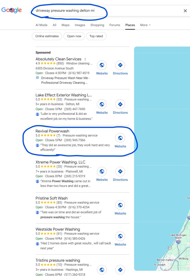 Google search result for Driveway Pressure Washing Delton, MI showing Revival Powerwash at position #2