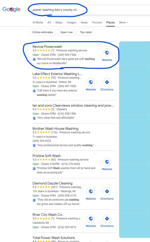 Google search result for Power Washing Barry County, MI showing Revival Powerwash at position #1