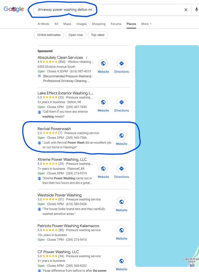 Google search result for Driveway Power Washing Delton, MI showing Revival Powerwash at position #2
