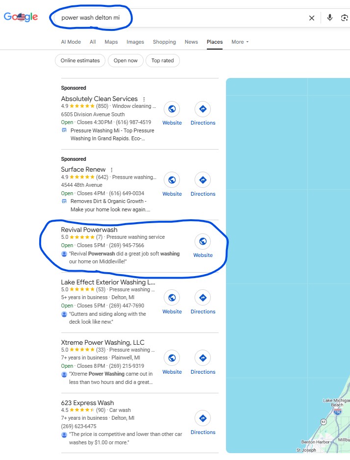 Google search result for Power Wash Delton, MI showing Revival Powerwash at position #1