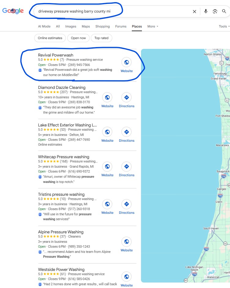 Google search result for Driveway Pressure Washing Barry County, MI showing Revival Powerwash at position #1