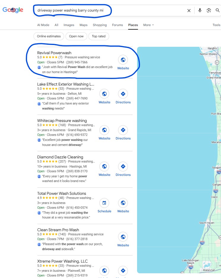 Google search result for Driveway Power Washing Barry County, MI showing Revival Powerwash at position #1