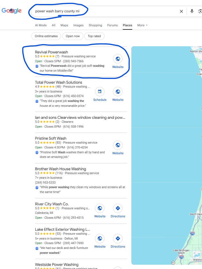 Google search result for Power Wash Barry County, MI showing Revival Powerwash at position #1