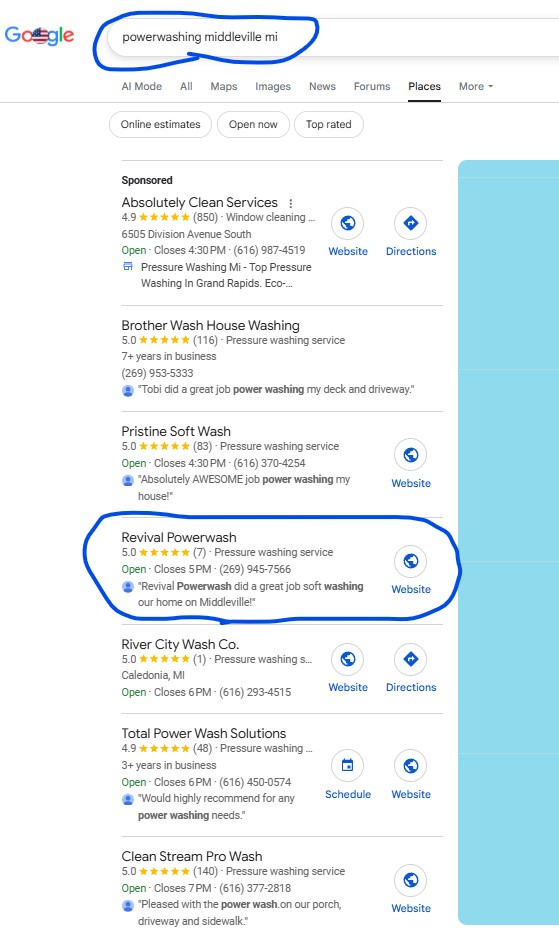 Google search result for Powerwashing Middleville, MI showing Revival Powerwash at position #3