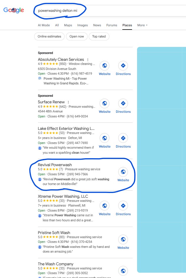 Google search result for Powerwashing Delton, MI showing Revival Powerwash at position #2