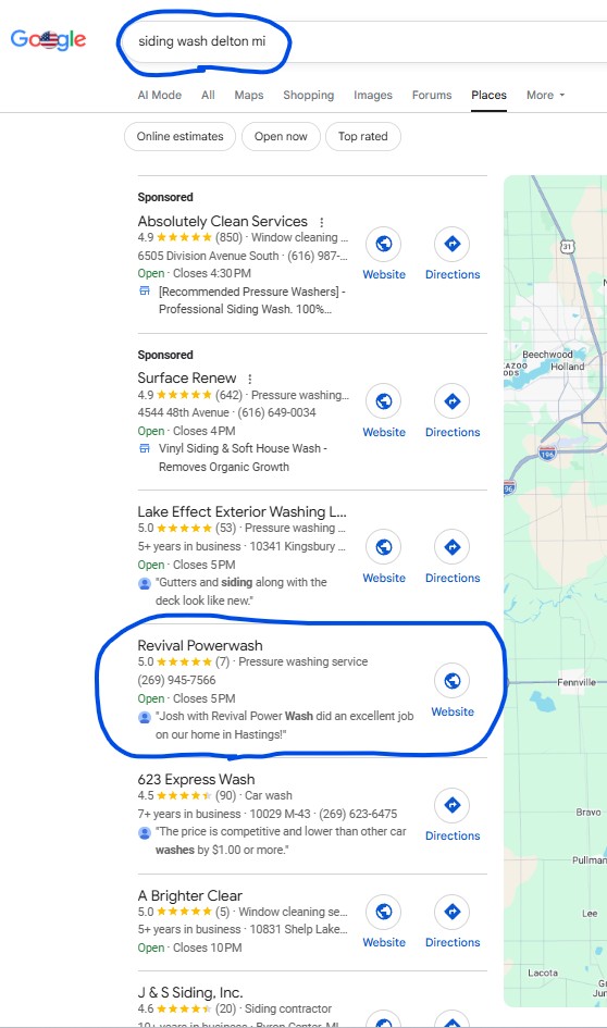 Google search result for Siding Wash Delton, MI showing Revival Powerwash at position #2