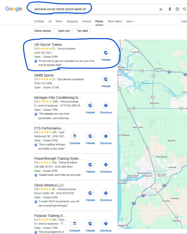 Google search result for Personal Soccer Trainer Grand Rapids, MI showing GR Soccer Trainer at position #1