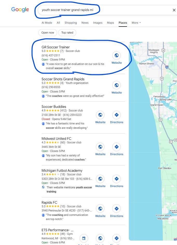 Google search result for Youth Soccer Trainer Grand Rapids, MI showing GR Soccer Trainer at position #1