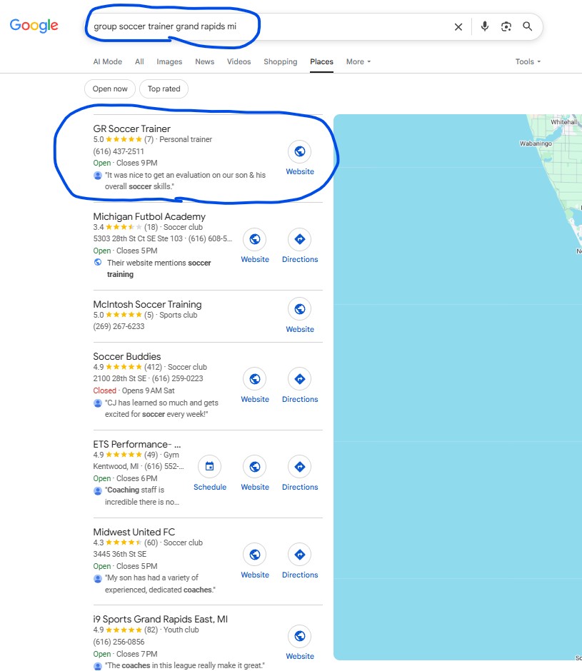 Google search result for Group Soccer Trainer Grand Rapids, MI showing GR Soccer Trainer at position #1