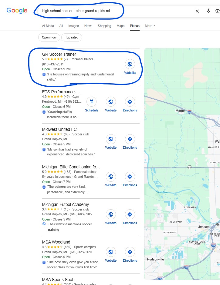 Google search result for High School Soccer Trainer Grand Rapids, MI showing GR Soccer Trainer at position #1