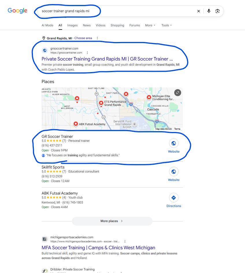 Featured Google search result for soccer trainer Grand Rapids MI showing GR Soccer Trainer at position #1