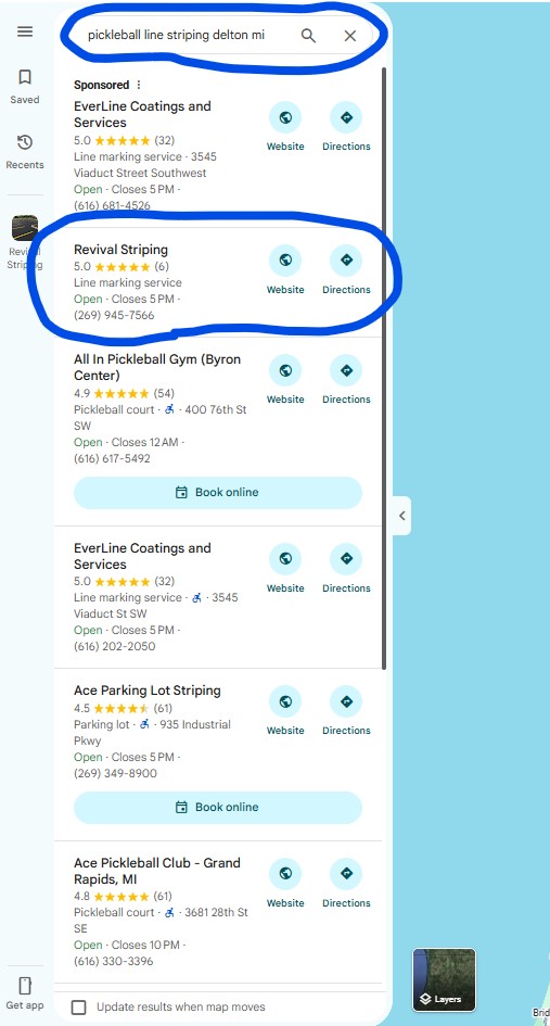 Google search result for Pickleball Line Striping Delton, MI showing Revival Striping at position #1