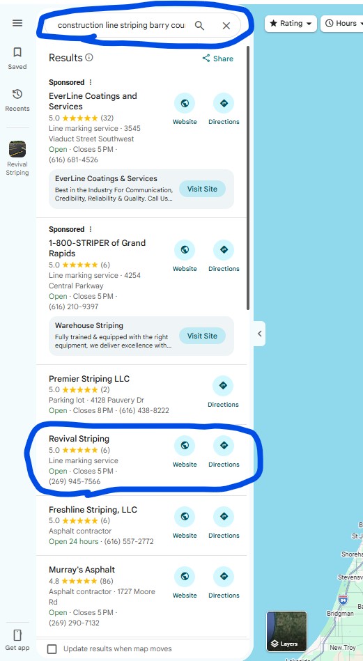 Google search result for Construction Line Striping Delton, MI showing Revival Striping at position #1