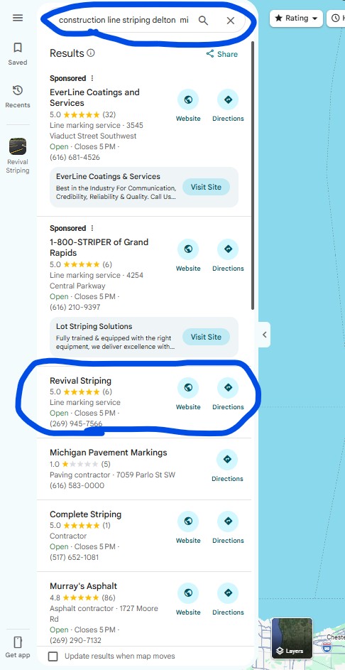 Google search result for Construction Line Striping Barry County, MI showing Revival Striping at position #2