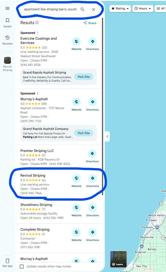 Google search result for Apartment Line Striping Barry County, MI showing Revival Striping at position #2