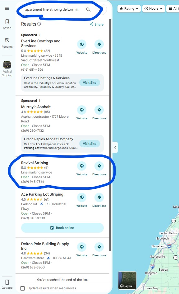 Google search result for Apartment Line Striping Delton, MI showing Revival Striping at position #1