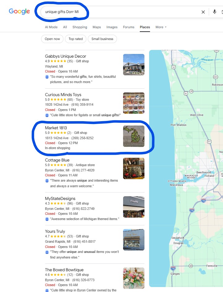 Google search result for unique gifts Dorr, MI showing Market 1813 at position #3