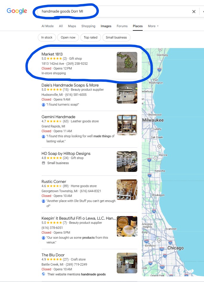 Google search result for handmade goods Dorr, MI showing Market 1813 at position #1