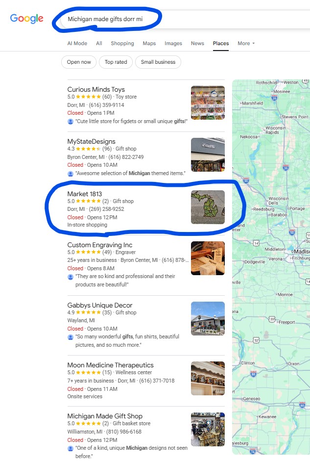 Google search result for Michigan made gifts Dorr, MI showing Market 1813 at position #3