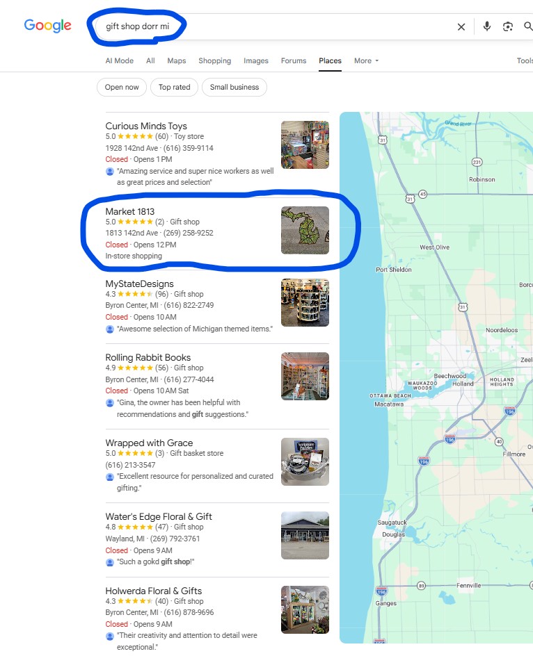 Google search result for gift shop Dorr, MI showing Market 1813 at position #2