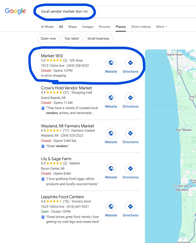 Google search result for local vendor market Dorr, MI showing Market 1813 at position #1
