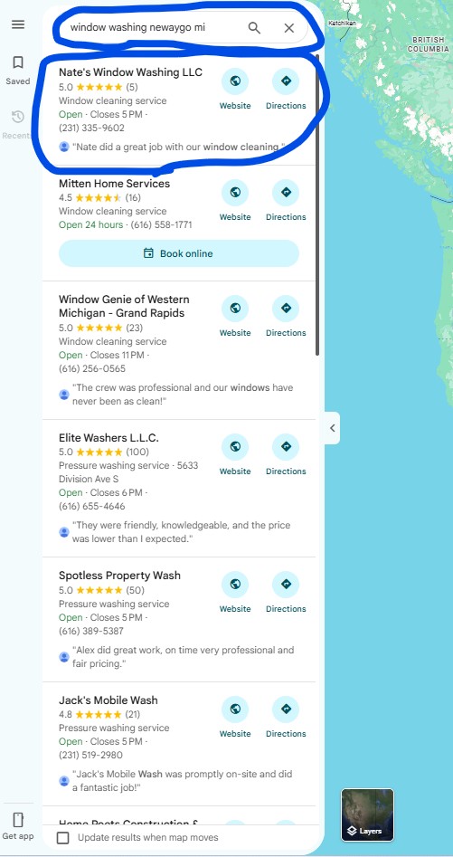 Google Maps search result for window cleaning fremont mi Fremont, MI showing Nate's Window Washing at position #1
