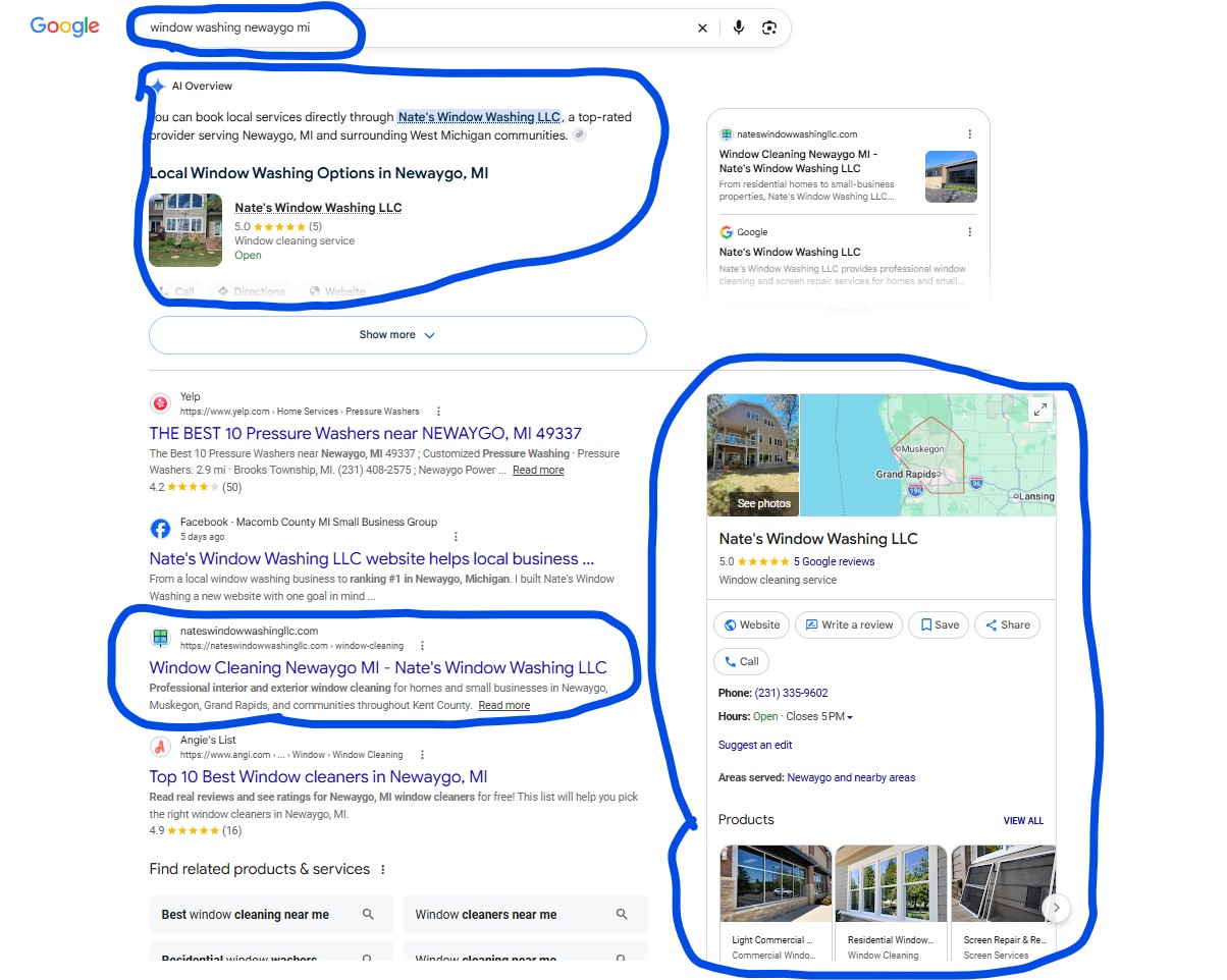 Google Maps search result for window screen repairs newaygo mi Newaygo, MI showing Nate's Window Washing at position #2