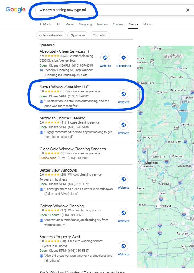 Google AI Overview for window washing fremont mi Fremont, MI showing Nate's Window Washing