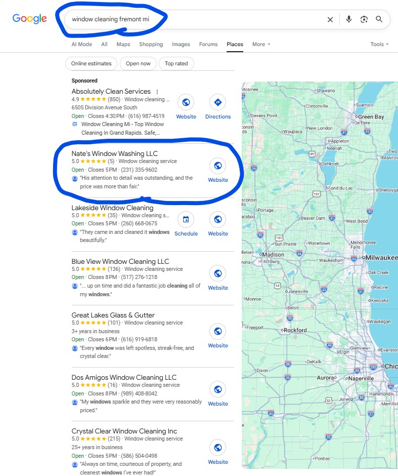 Google Maps search result for window washing newaygo mi Newaygo, MI showing Nate's Window Washing at position #1