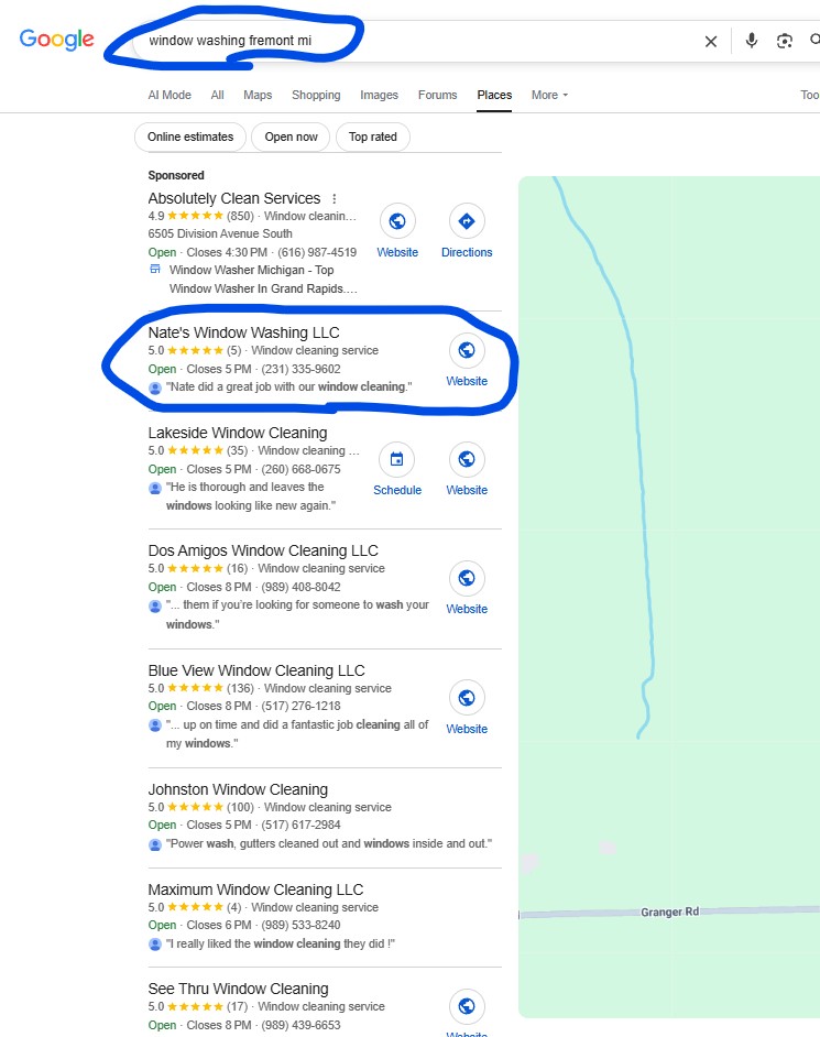 Google Maps search result for window washing fremont mi Fremont, MI showing Nate's Window Washing at position #1