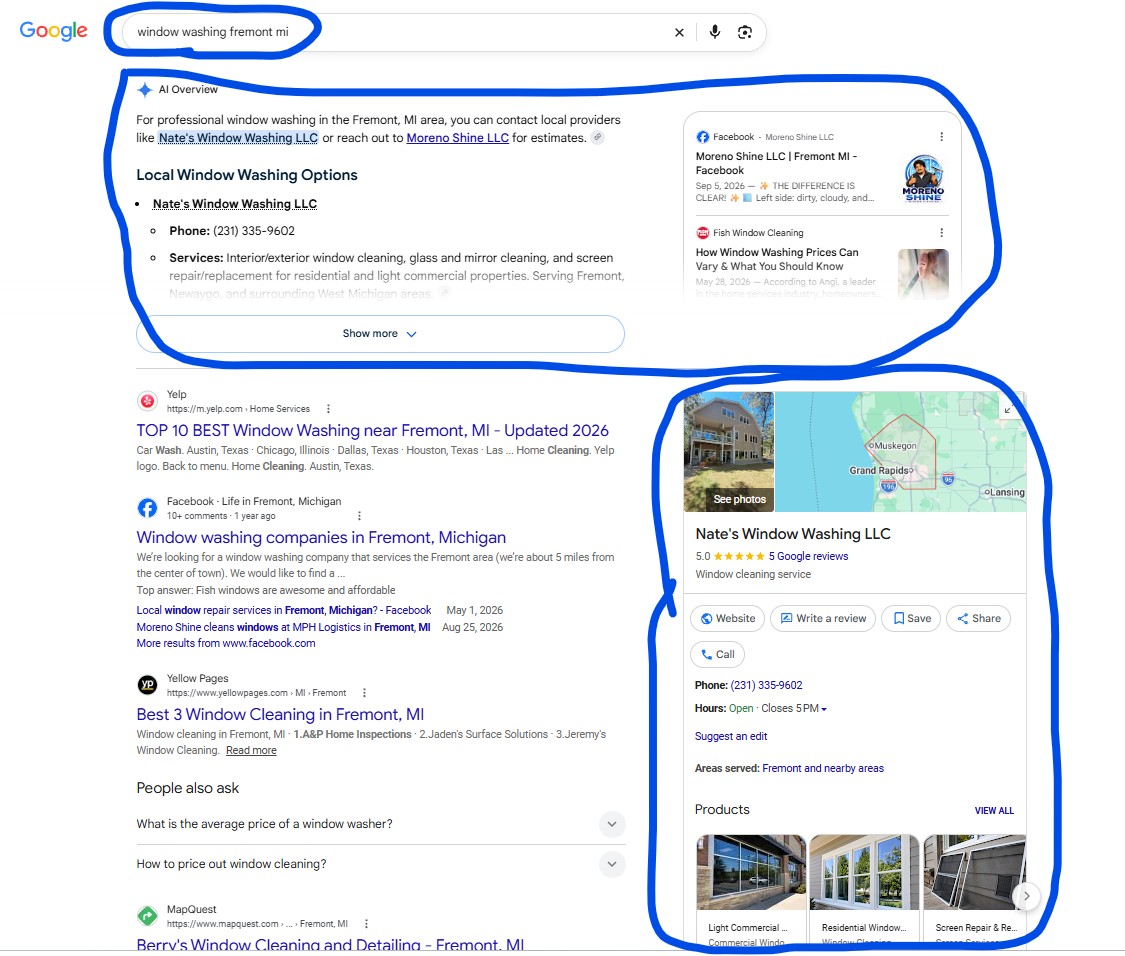 Google Maps search result for window cleaning newaygo mi Newaygo, MI showing Nate's Window Washing at position #1