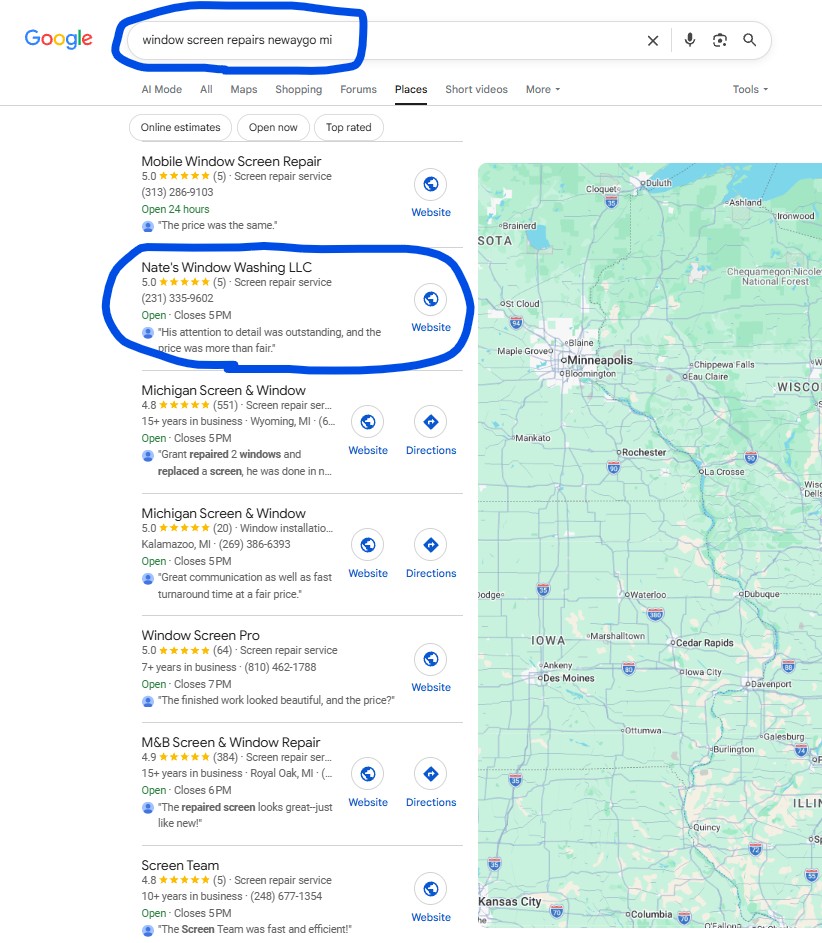 Google AI Overview for window washing newaygo mi Newaygo, MI showing Nate's Window Washing