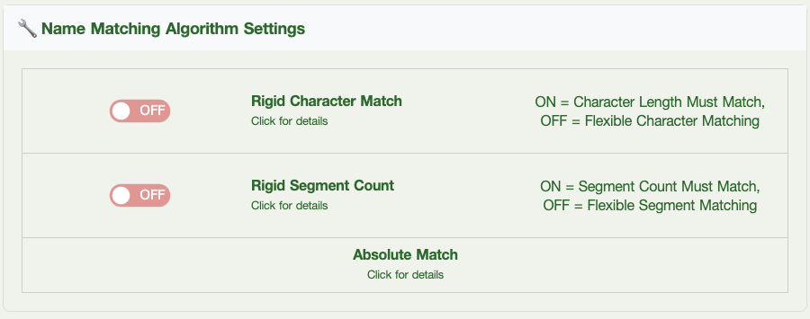 Name Matching Algorithm Settings