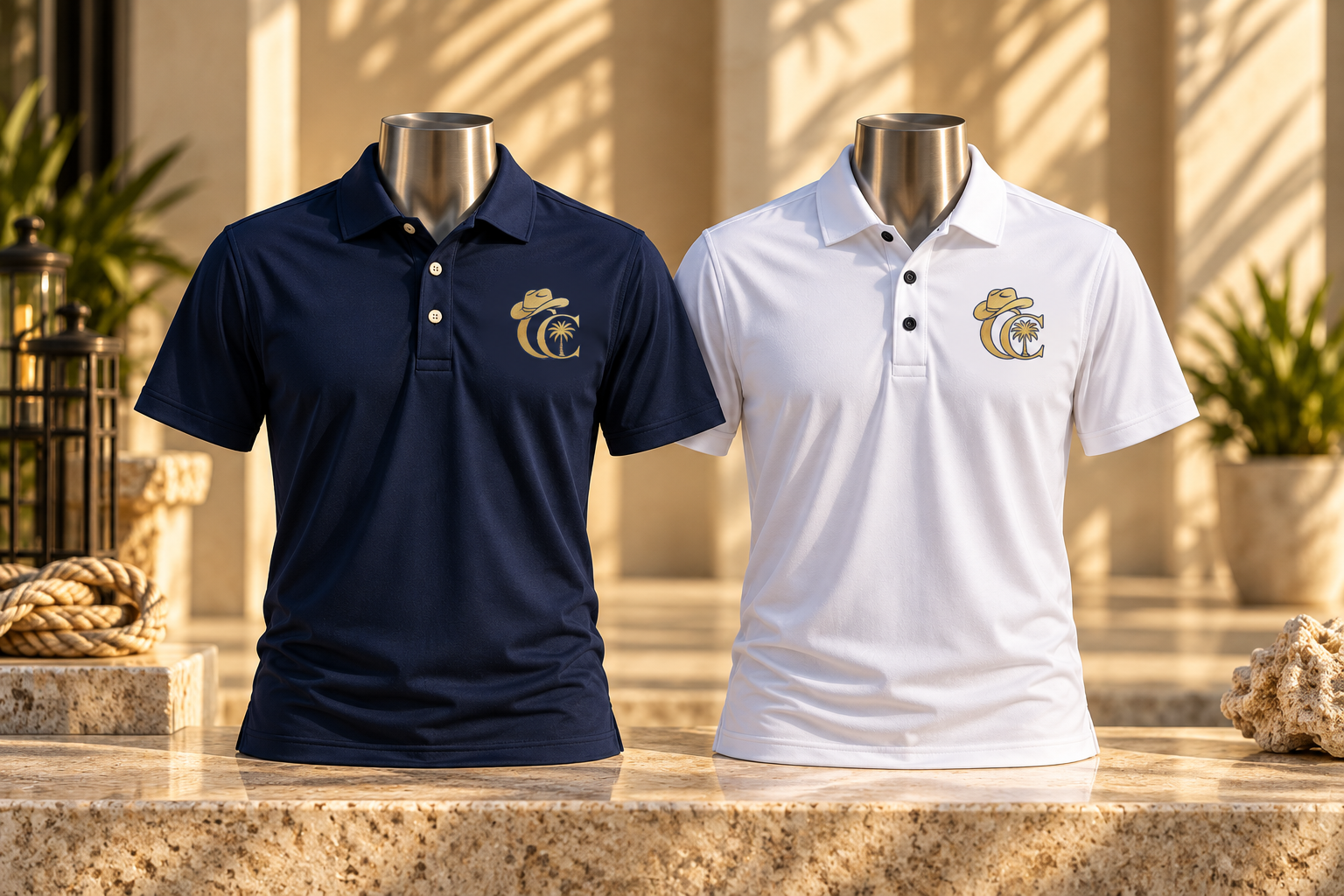 Coastal Cowboys Polo — navy and cream embroidered polo shirt