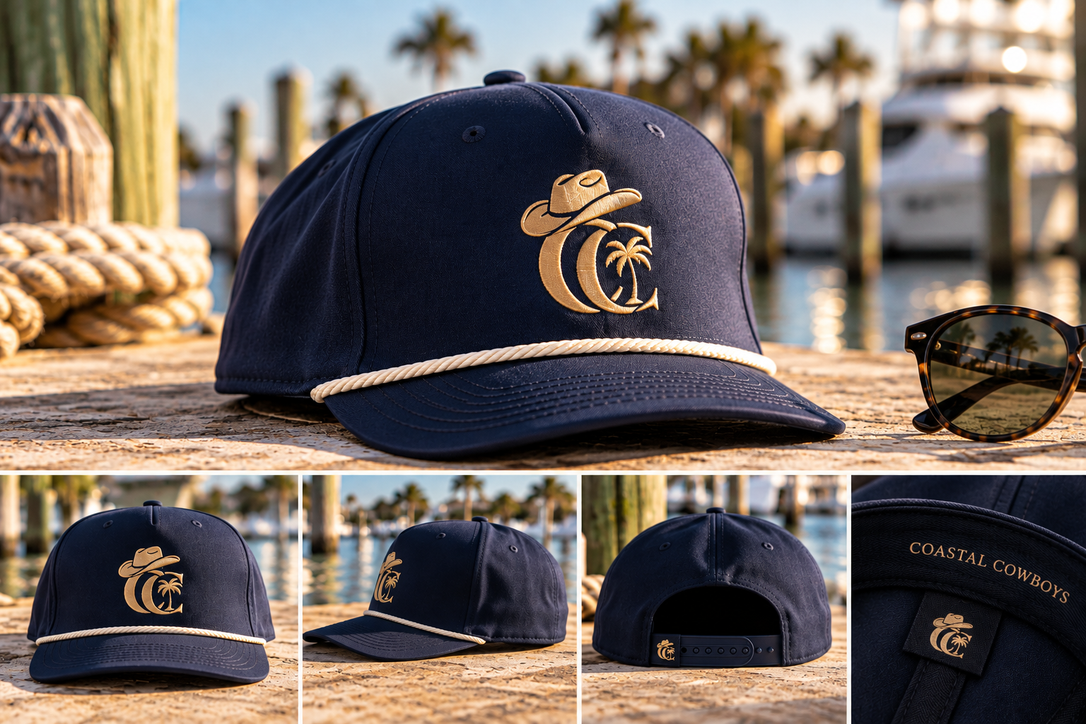 Coastal Cowboys Rope Hat — navy and cream braided-rope cap