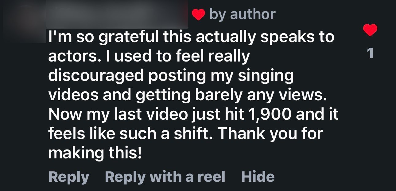 Instagram comment about The Visible Artist, views going from barely any to 1,900