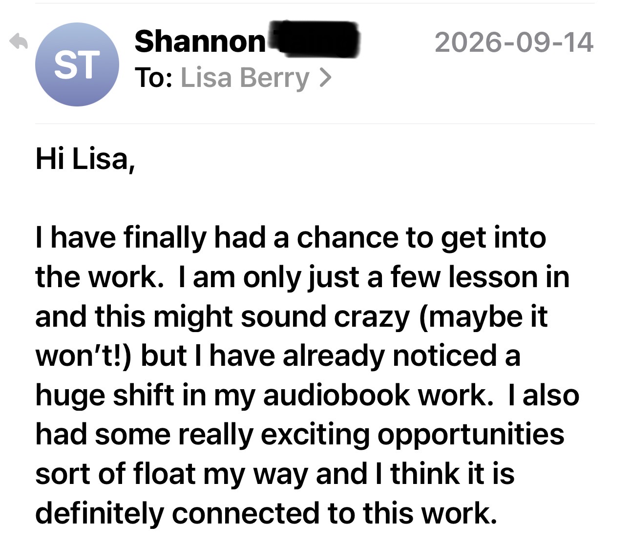 Email from Shannon about a shift in her audiobook work