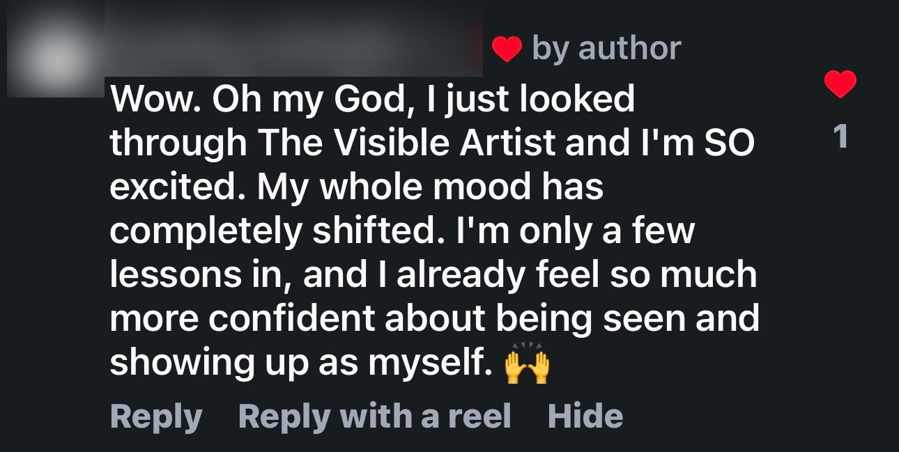 Instagram comment about The Visible Artist, feeling more confident about being seen