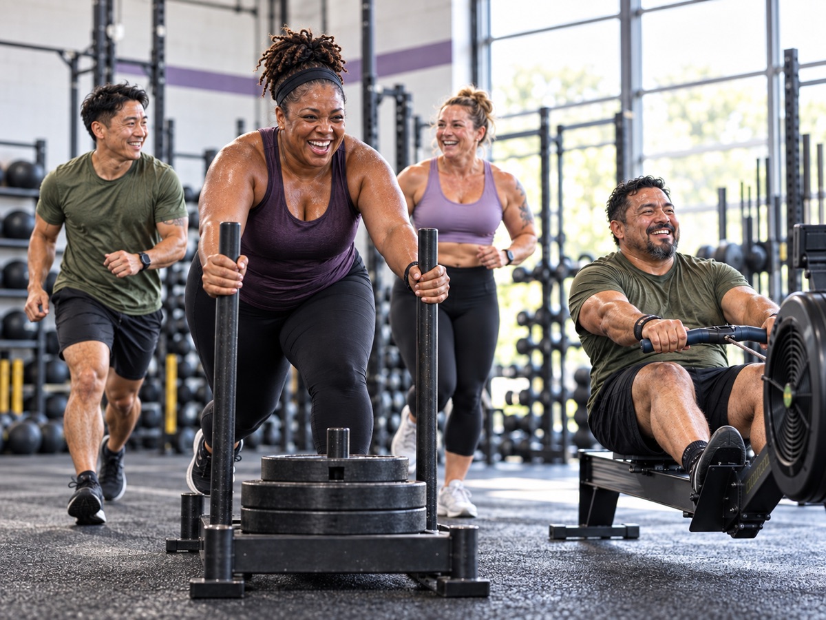 AI-generated illustration of four adults with different strengths exercising together
