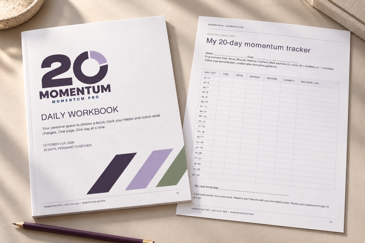 Illustrative mockup of the Momentum 20 daily workbook and one-page habit tracker