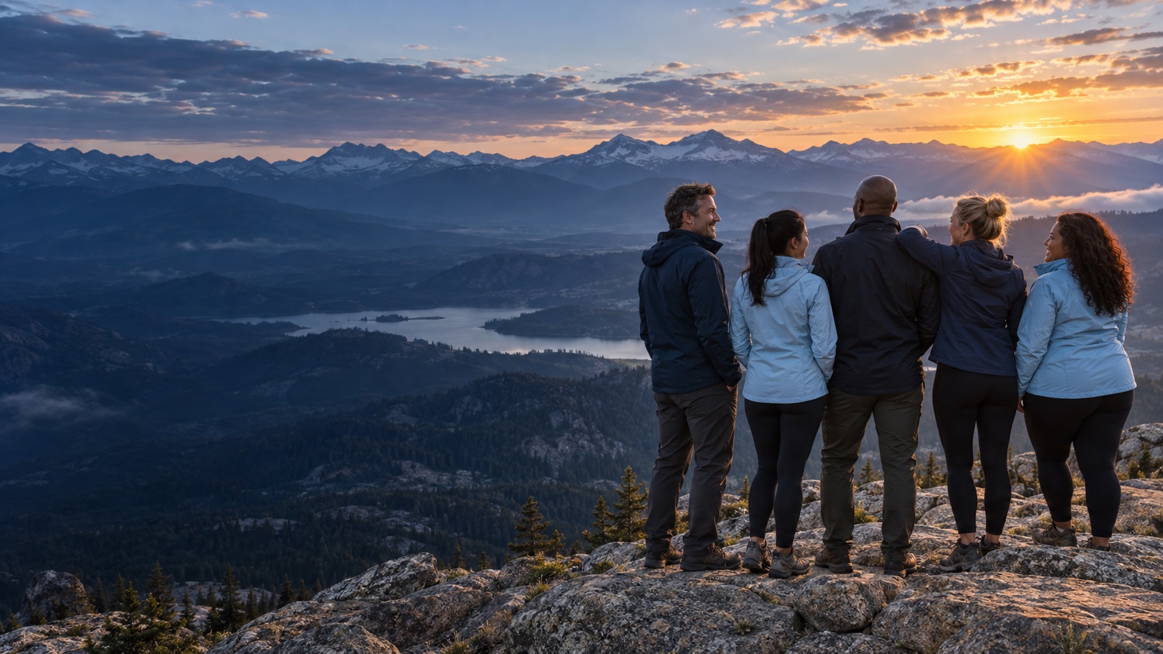 Illustrated group of five adults standing together above a Colorado-inspired mountain landscape