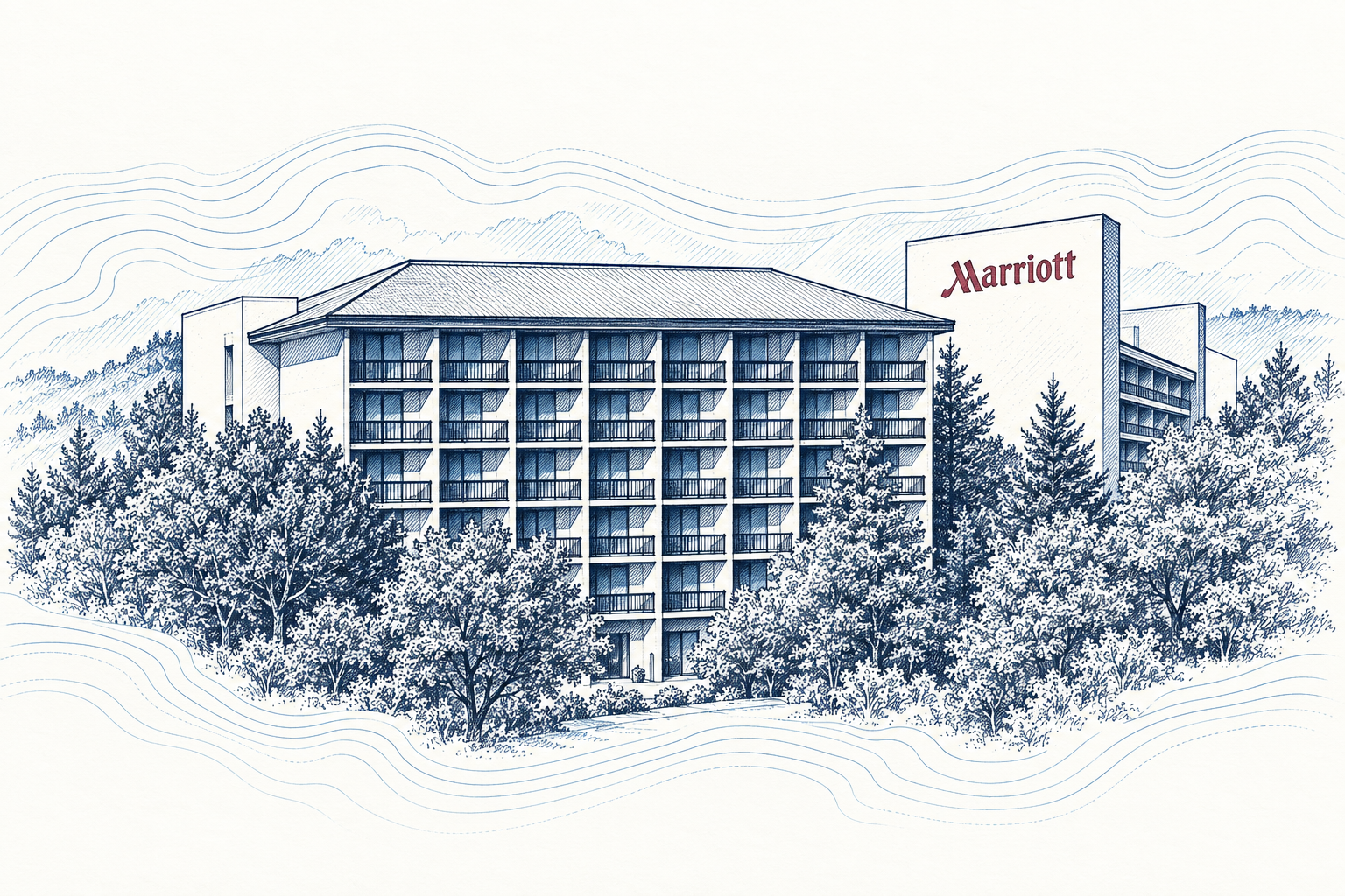Topographic-style architectural illustration of Denver Marriott West