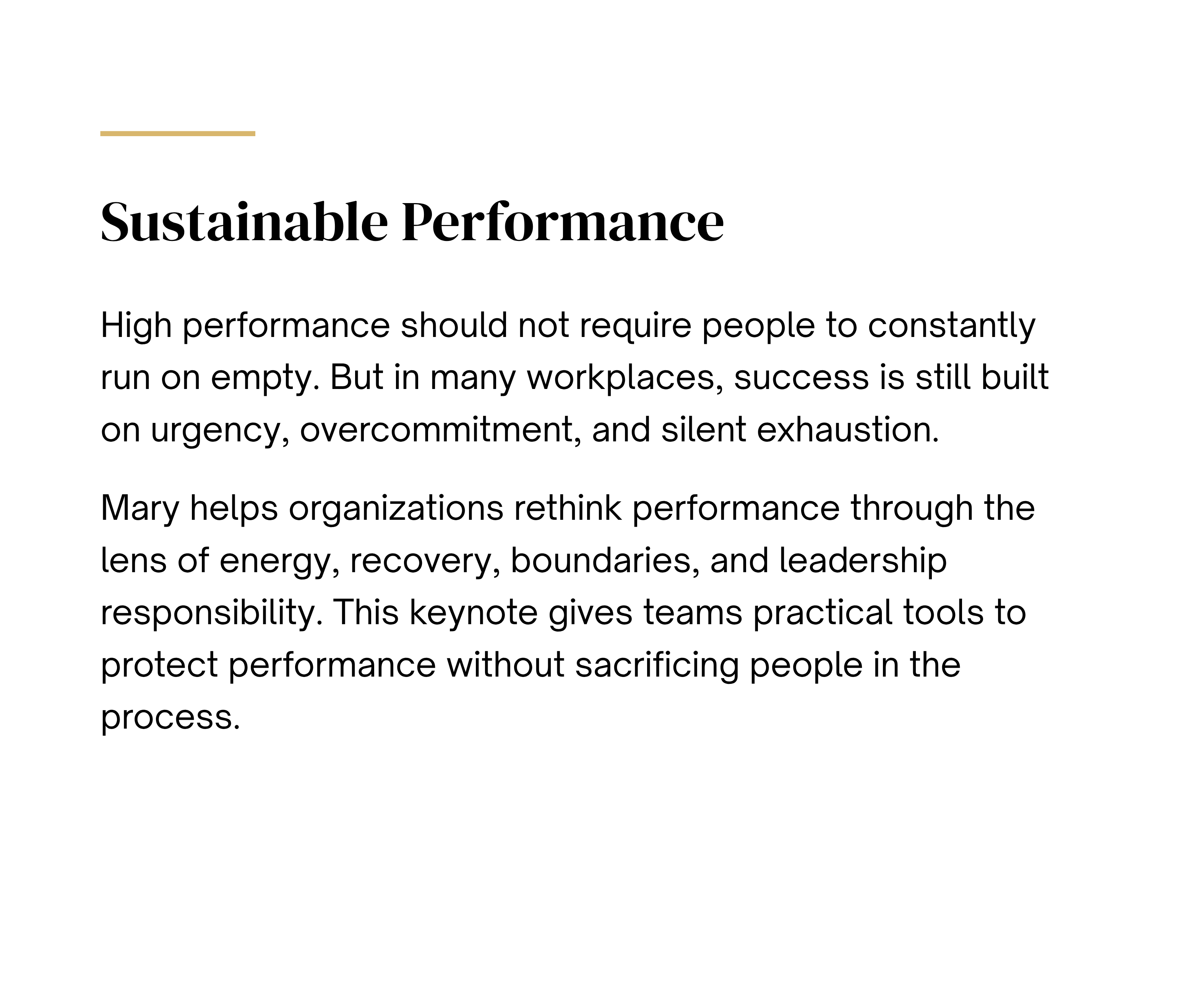 Sustainable Performance — corporate wellness keynote by Mary Tibbetts - details