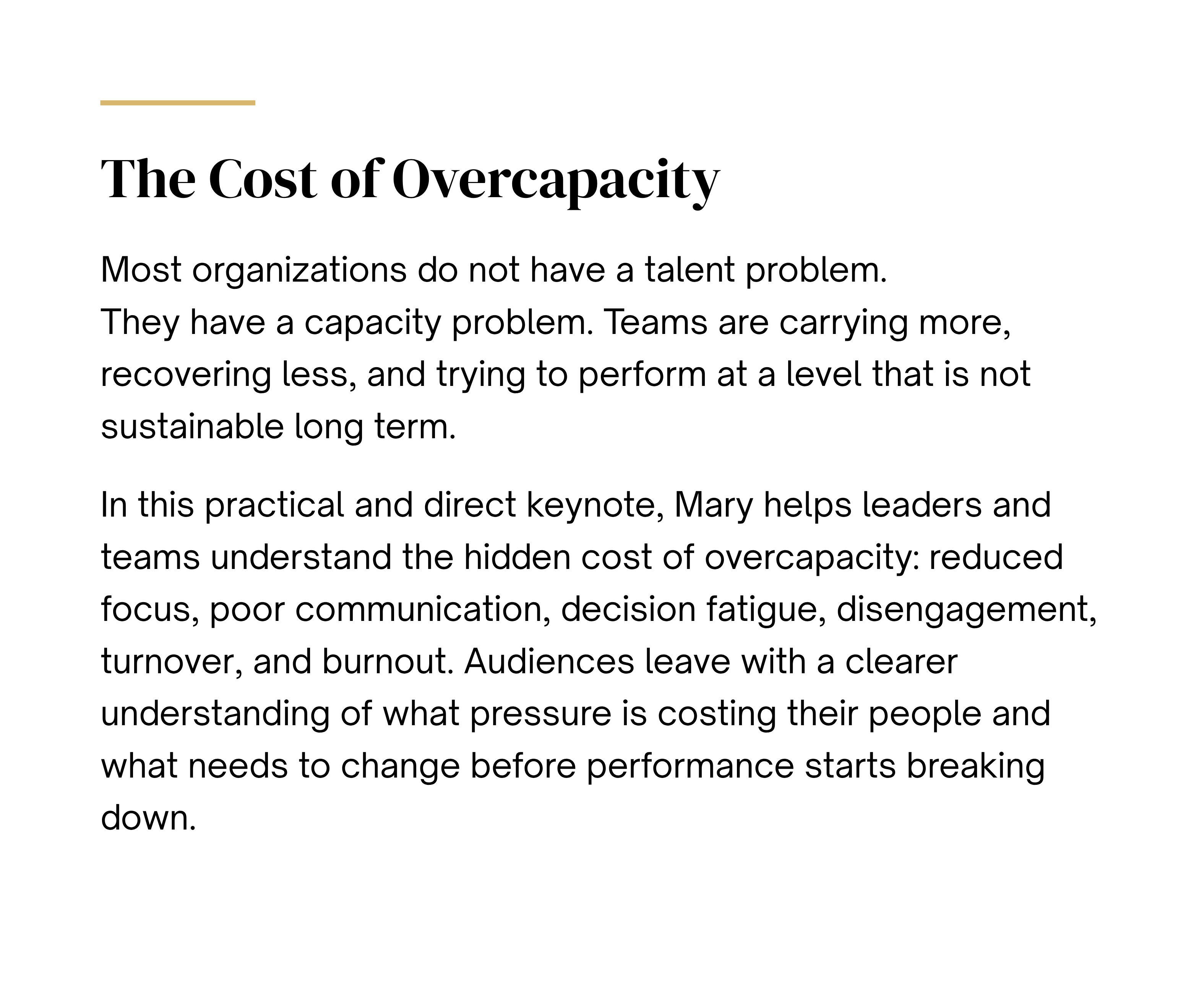 The Cost of Overcapacity — corporate leadership keynote by Mary Tibbetts - details