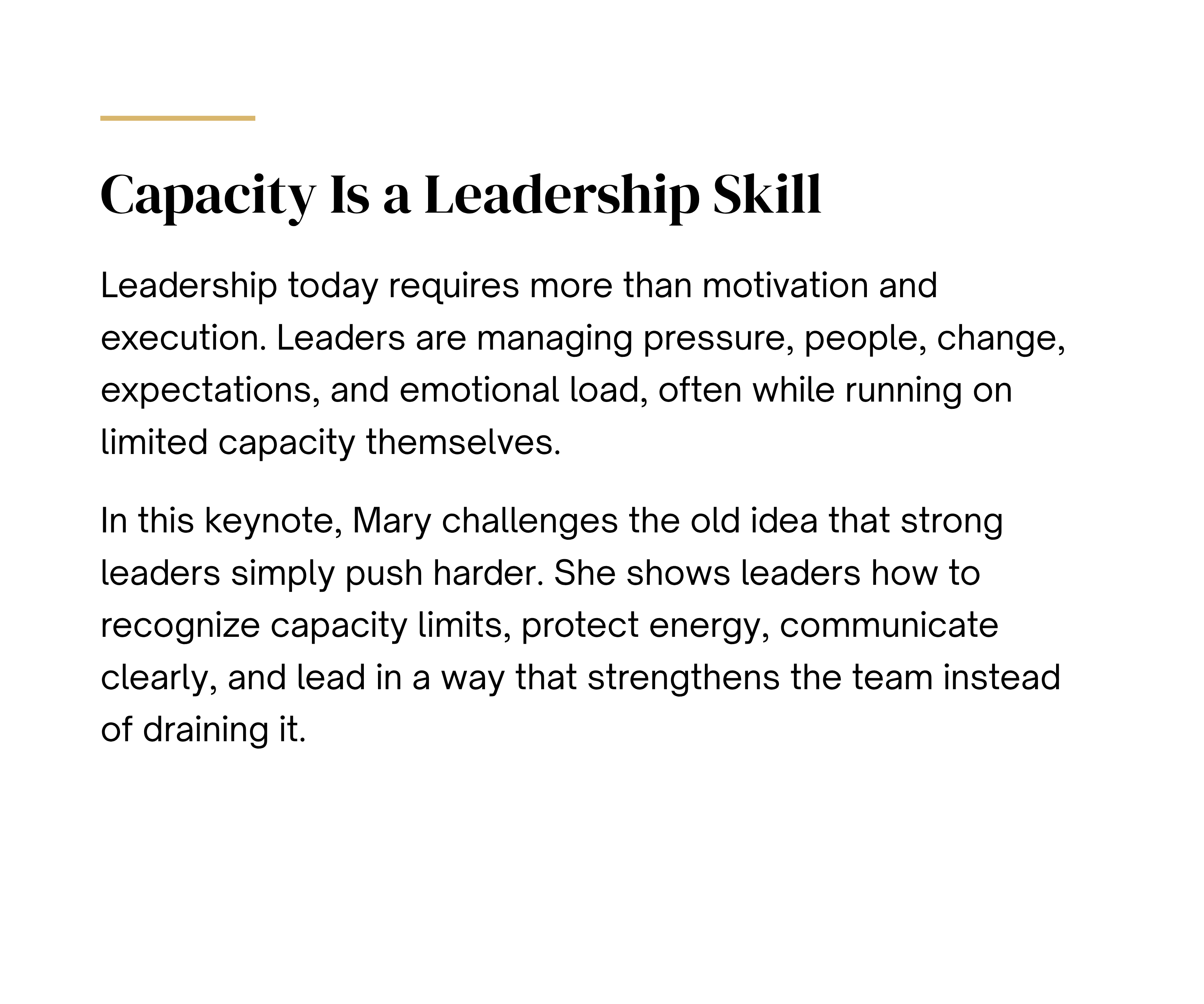 Capacity Is a Leadership Skill — leadership keynote by Mary Tibbetts - details