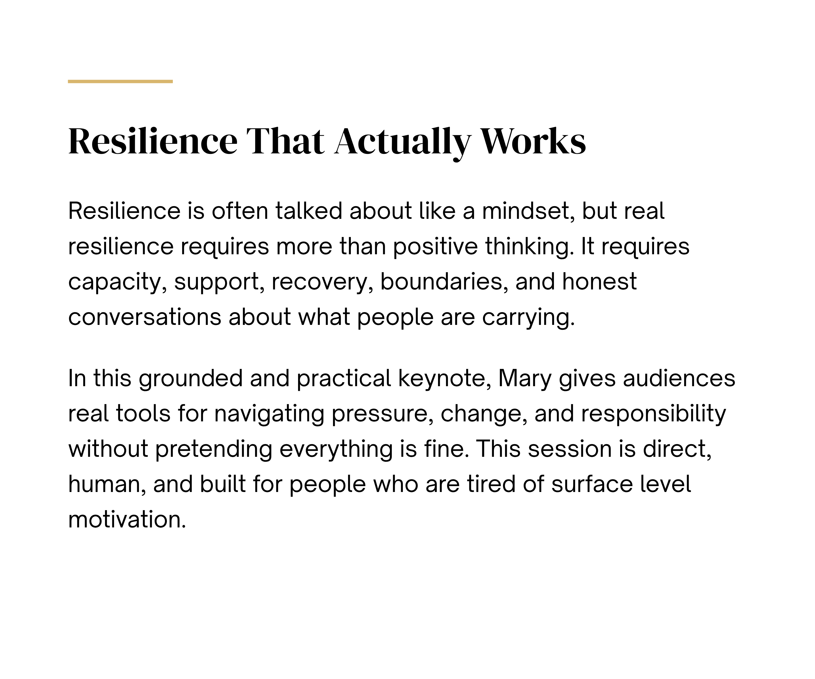 Resilience That Actually Works — resilience keynote by Mary Tibbetts - details