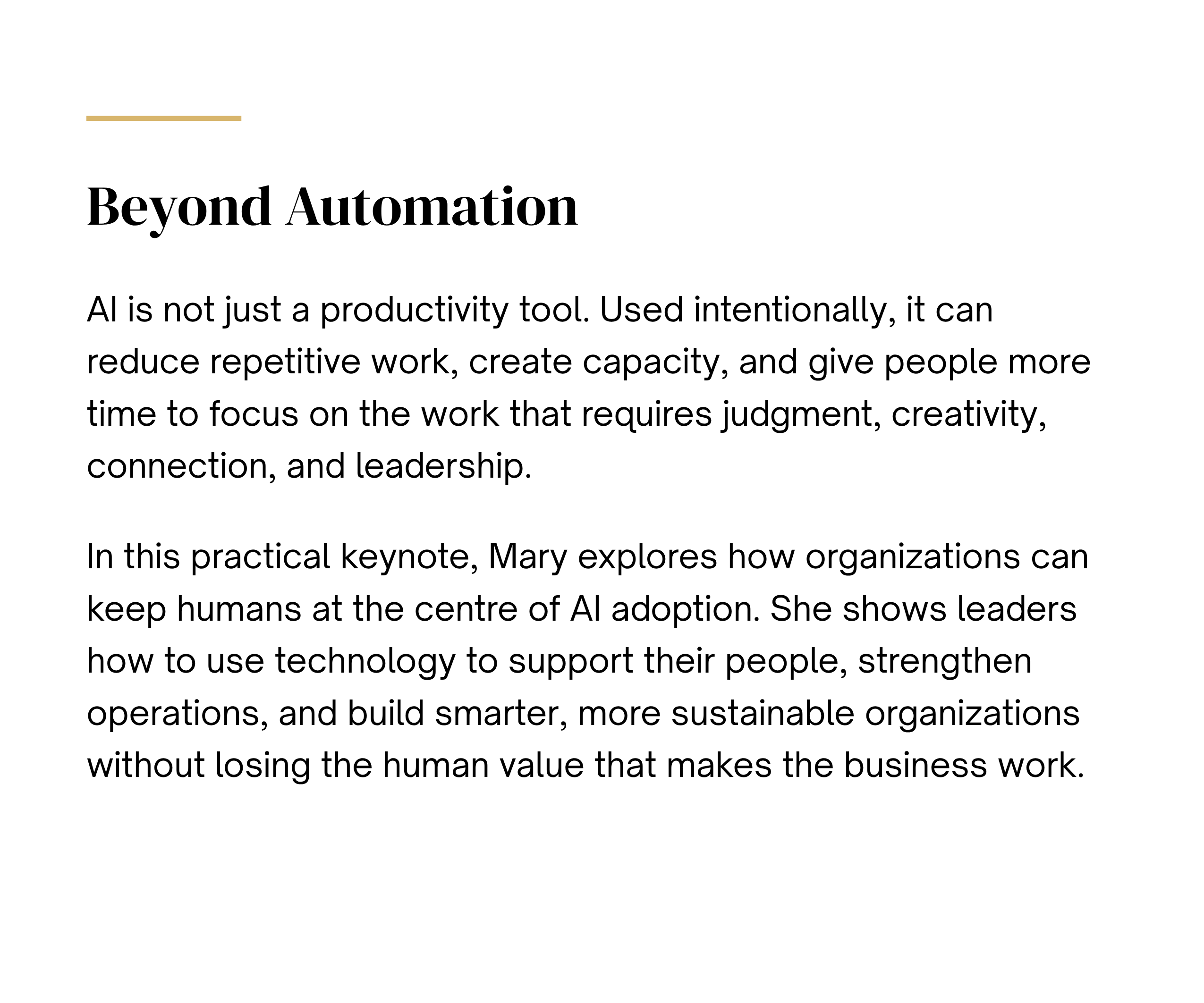 Beyond Automation — AI and capacity keynote by Mary Tibbetts - details