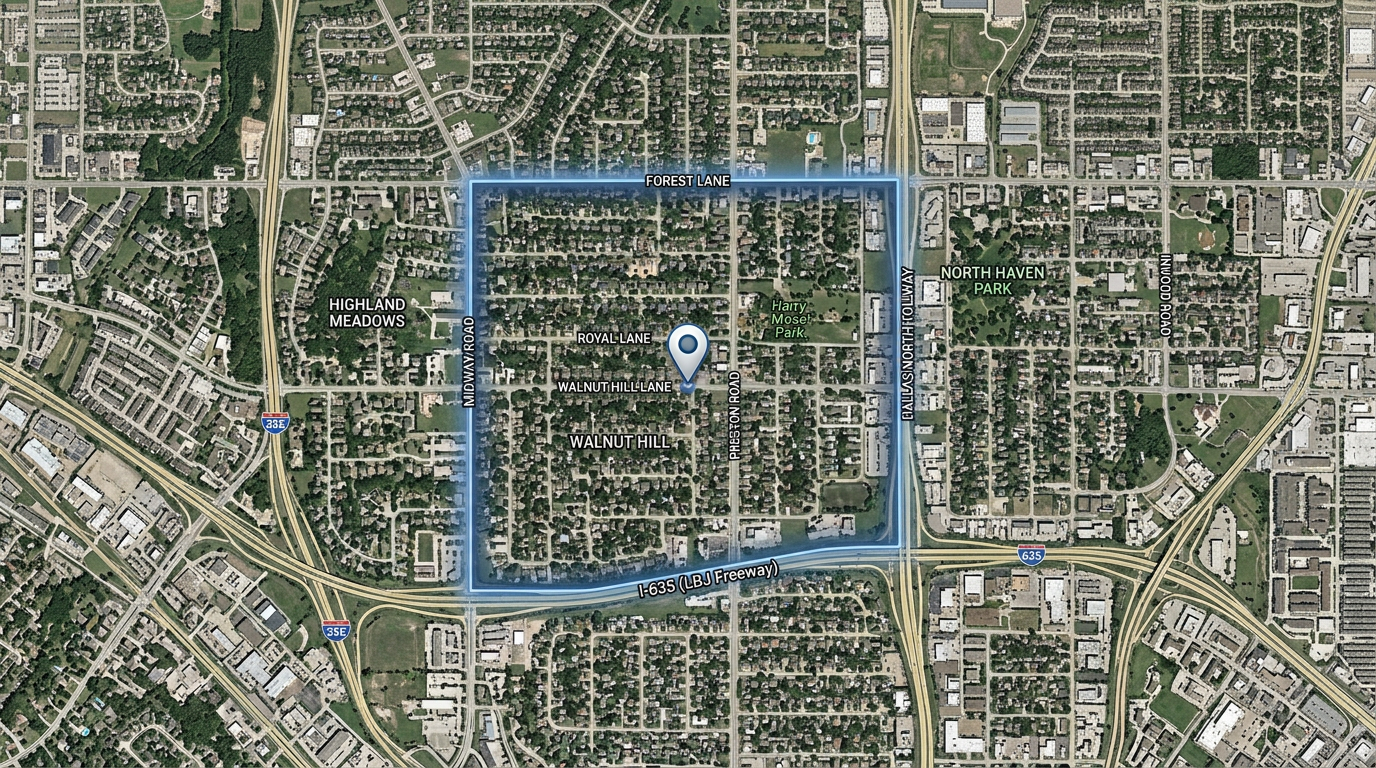Aerial map view of Dallas neighborhoods
