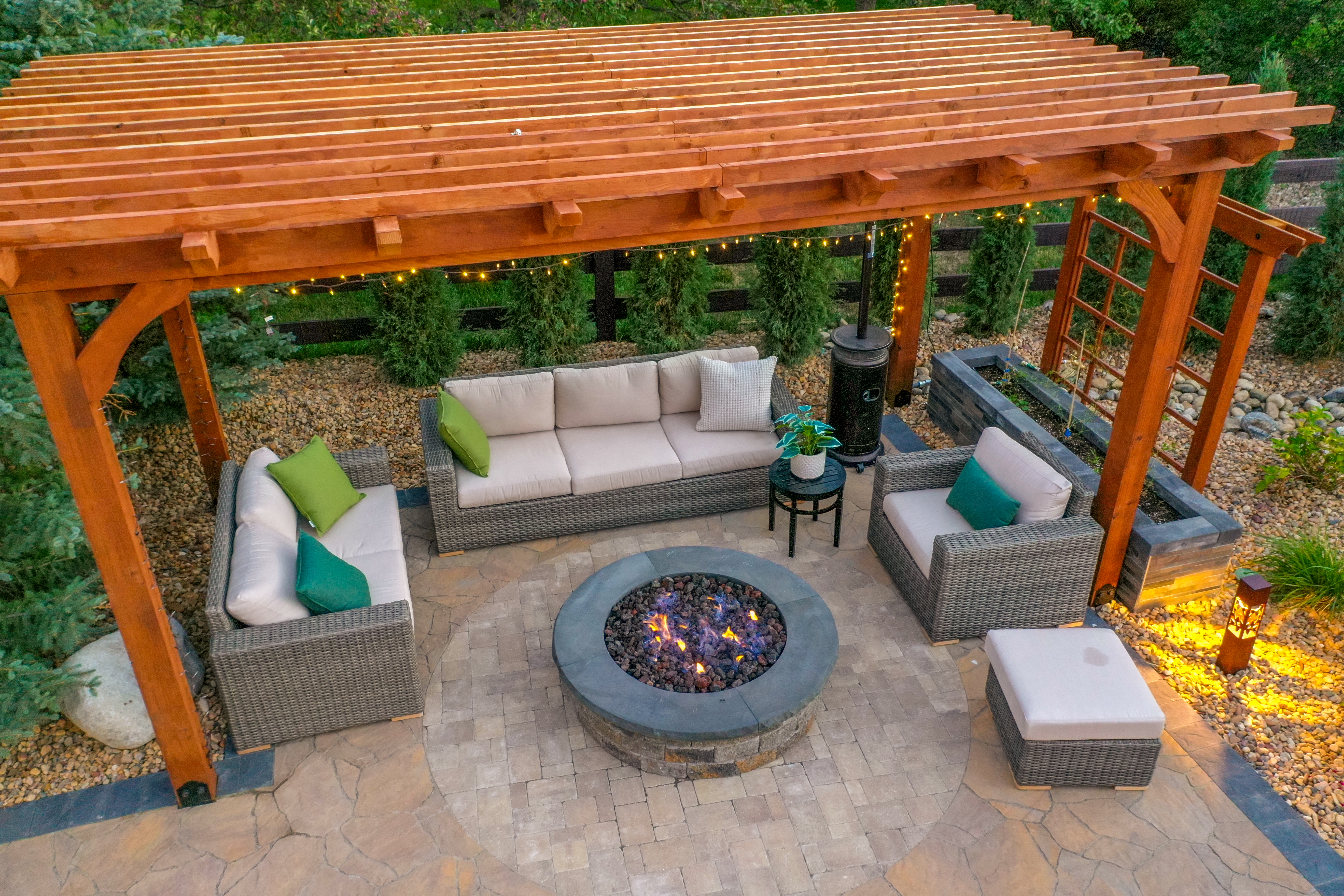 Aerial view of pergola and fire pit